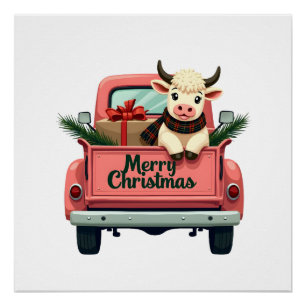 Vintage Merry Christmas Highland Cow in Pink Farm Poster