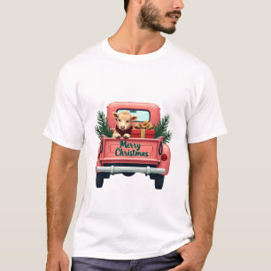 Vintage Merry Christmas Highland Cow in Pink Farm T-Shirt