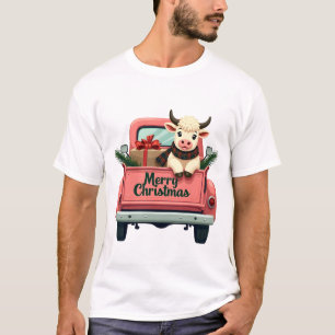Vintage Merry Christmas Highland Cow in Pink Farm  T-Shirt