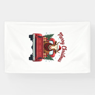 Vintage Merry Christmas Highland Cow Red Truck Hol Banner