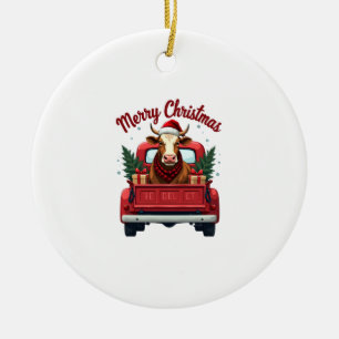 Vintage Merry Christmas Highland Cow Red Truck Hol Ceramic Tree Decoration