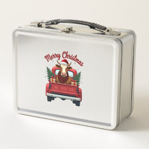 Vintage Merry Christmas Highland Cow Red Truck Hol Metal Lunch Box