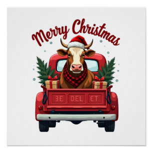 Vintage Merry Christmas Highland Cow Red Truck Hol Poster