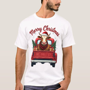 Vintage Merry Christmas Highland Cow Red Truck Hol T-Shirt