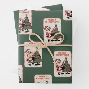 Vintage Merry Christmas Holiday Santa Reading  Wrapping Paper Sheet