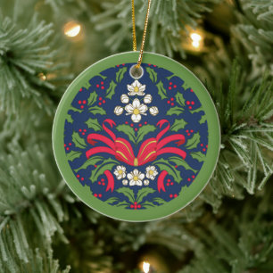 Vintage Merry Christmas, Holly Leaves, Tied Bow Ceramic Tree Decoration