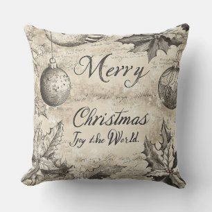 Vintage Merry Christmas Holly & Ornaments (1) Cushion