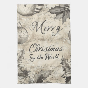 Vintage Merry Christmas Holly & Ornaments (1) Tea Towel