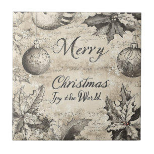 Vintage Merry Christmas Holly & Ornaments (1) Tile