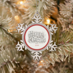 Vintage Merry Christmas Illustration Snowflake Pewter Christmas Ornament