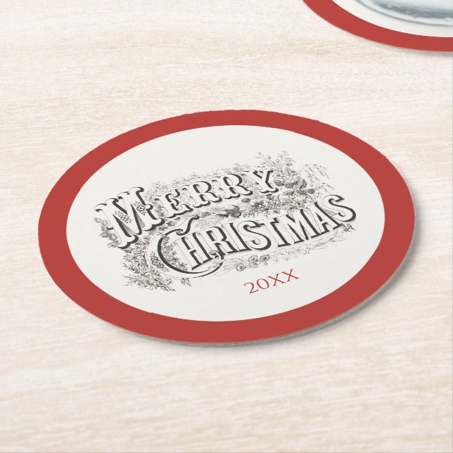 Vintage Merry Christmas Illustration Year Round Paper Coaster (Angled)