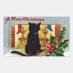 Vintage Merry Christmas Kitten Fireplace Holly Rectangular Sticker