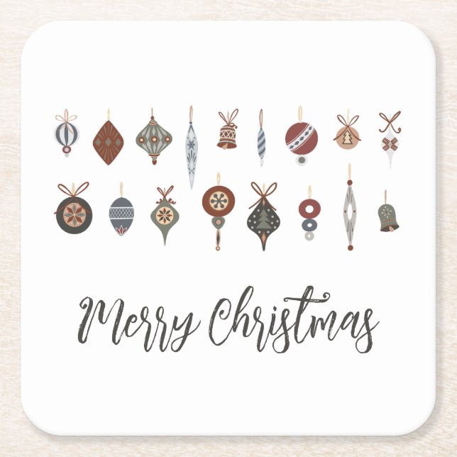Vintage Merry Christmas Ornaments Square Paper Coaster (Front)