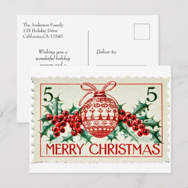 Vintage Merry Christmas Postage Stamp Holiday Postcard (Front/Back)