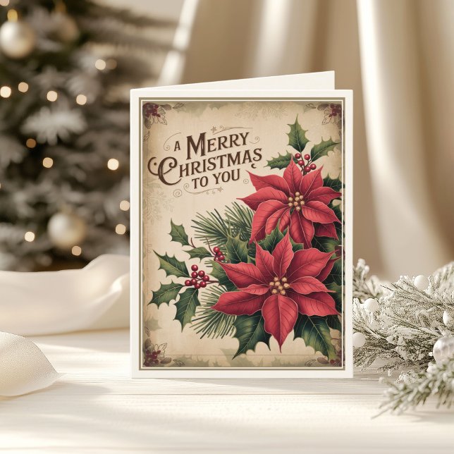 Vintage Merry Christmas Red Poinsettia Folded Holiday Card (Creator Uploaded)