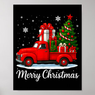 Vintage Merry Christmas Red Truck Funny Xmas Tree  Poster