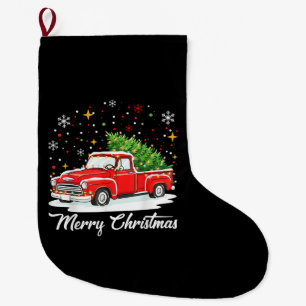 Vintage Merry Christmas Red Truck Santa Tree Famil Large Christmas Stocking