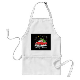 Vintage Merry Christmas Red Truck Santa Tree Famil Standard Apron