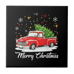 Vintage Merry Christmas Red Truck Santa Tree Famil Tile