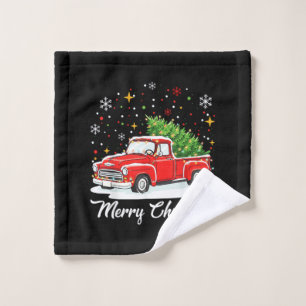 Vintage Merry Christmas Red Truck Santa Tree Famil Wash Cloth
