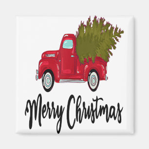 Vintage Merry Christmas Red Truck With A Tree Boys Magnet