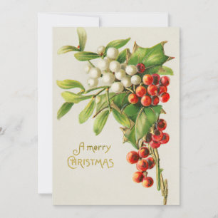 Vintage Merry Christmas Red & White Holly Berries Holiday Card