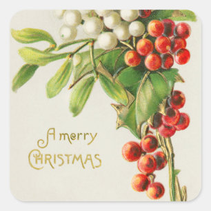 Vintage Merry Christmas Red & White Holly Berries Square Sticker