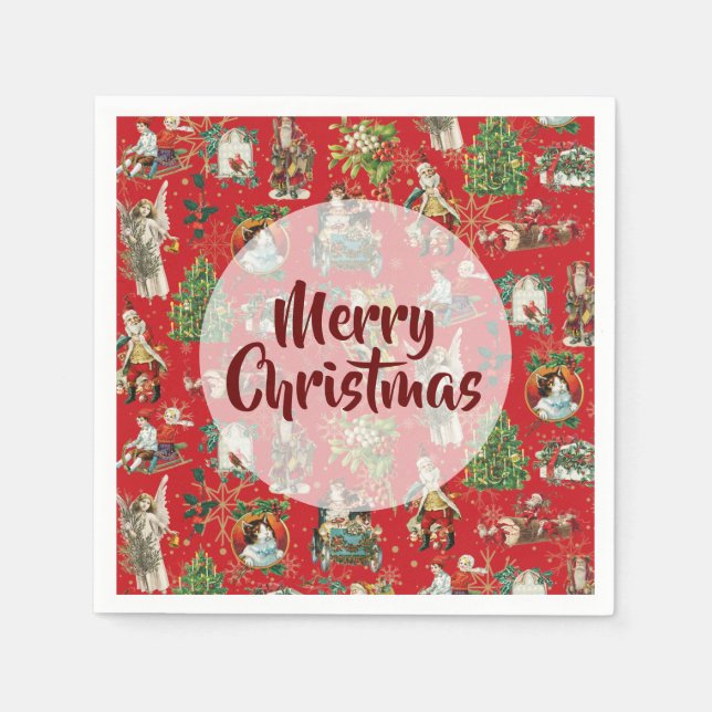 Vintage Merry Christmas Retro Festive Red Napkin (Front)