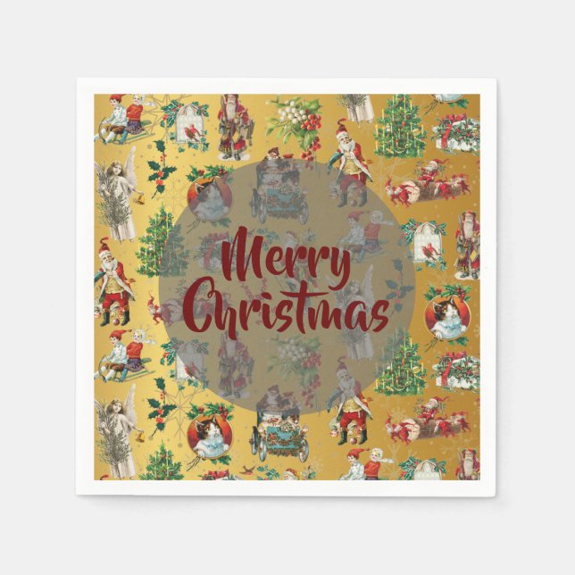 Vintage Merry Christmas Retro Gold  Napkin (Front)