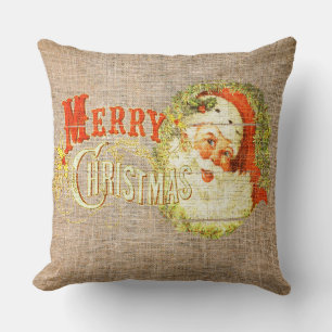 Vintage Merry Christmas & Santa on Rustic Burlap Cushion