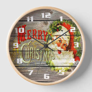 Vintage Merry Christmas & Santa on Rustic old Wood Clock