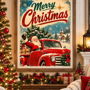 Vintage Merry Christmas Santa Red Truck Retro Poster