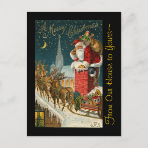 Vintage Merry Christmas Santa Sleigh Reindeer Holiday Postcard