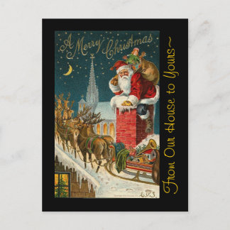 Vintage Merry Christmas Santa Sleigh Reindeer Holiday Postcard