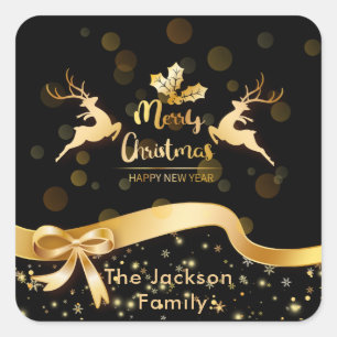 Vintage Merry Christmas Santa Sleigh Reindeer Square Sticker