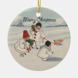 Vintage Merry Christmas Snow Children Ceramic Tree Decoration