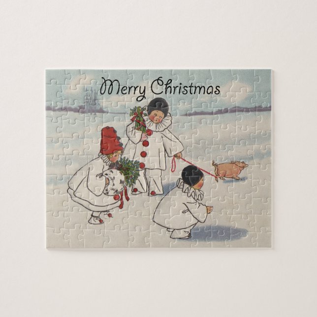 Vintage Merry Christmas Snow Children Jigsaw Puzzle (Horizontal)