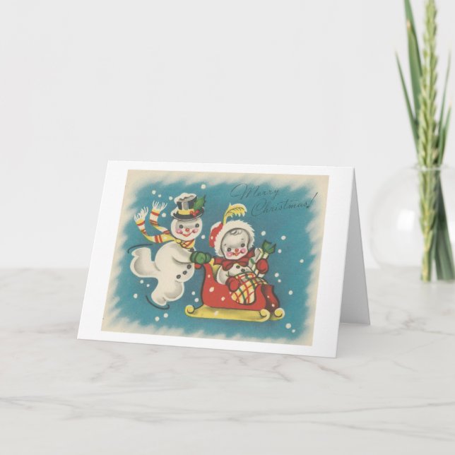 Vintage Merry Christmas Snowman Couple Holiday Card (Front)