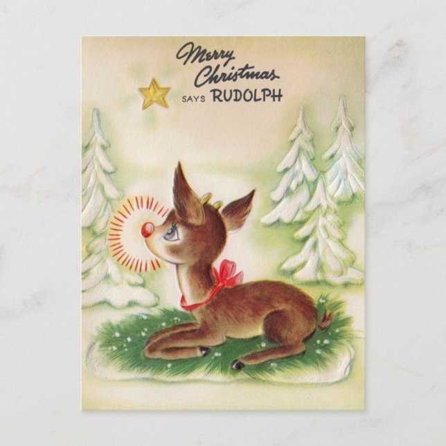 Vintage Merry Christmas Star Rudolph Holiday Postcard (Front)
