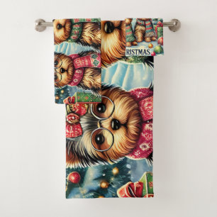 Vintage Merry Christmas Terrier Yorskhire Yorkie  Bath Towel Set