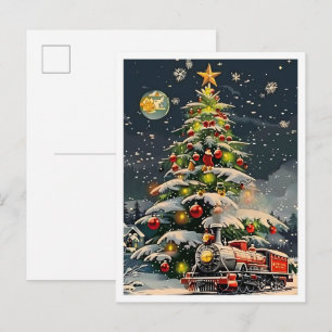 Vintage Merry Christmas Train and Christmas tree Postcard