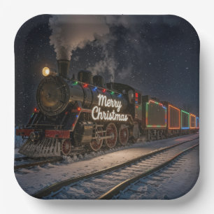 Vintage Merry Christmas Train In Snow Paper Plate