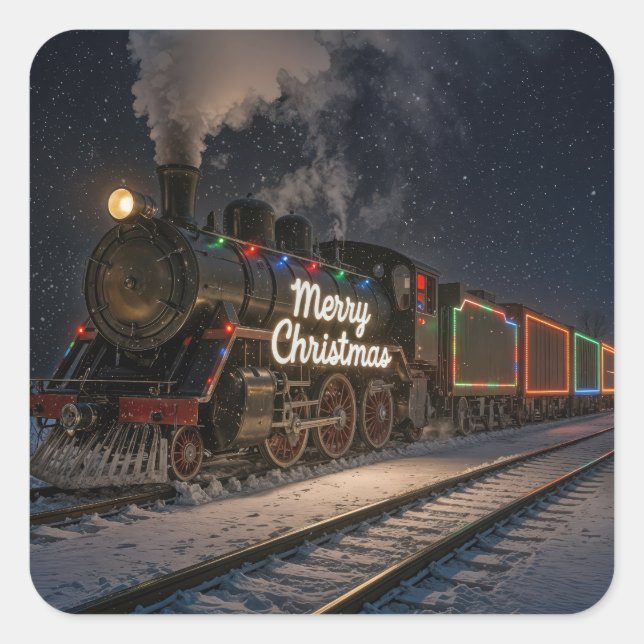 Vintage Merry Christmas Train In Snow Square Sticker (Front)