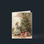 Vintage Merry Christmas Tree Girl Gifts Holiday Card<br><div class="desc">Folded holiday greeting card with a vintage painting of a girl decorating a Christmas tree with wrapped gifts underneath. Text says, "Merry Christmas" but is customisable for your own greeting. Personalised on the back with your message and name. Contact me for assistance with your customisation or to request additional matching...</div>