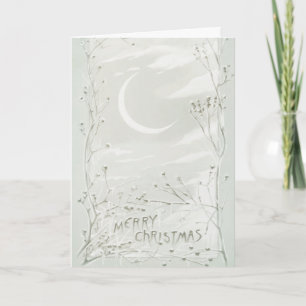 Vintage Merry Christmas Tree Moon Sky Snow Holiday Card