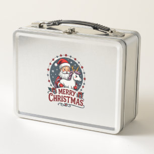 Vintage Merry Christmas Unicorn Santa Funny Christ Metal Lunch Box