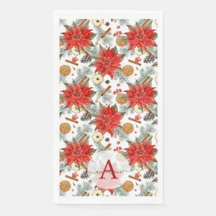 Vintage Merry Christmas Watercolor Red Poinsettia  Napkin