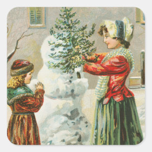 Vintage Merry Christmas Winter Snowman Square Sticker