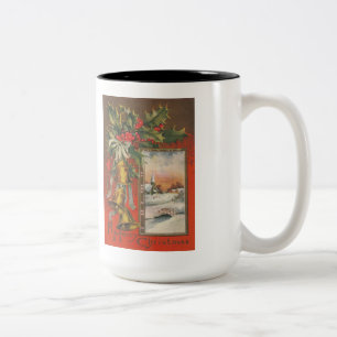 Vintage Merry Christmas with Bells Two-Tone Coffee Mug