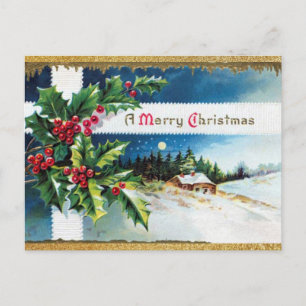 Vintage Merry Christmas with Gold Glitter Postcard
